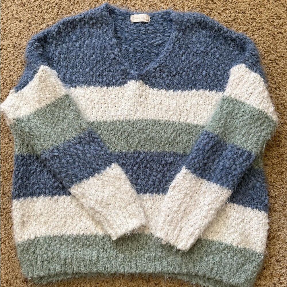 Altar’d State Striped Fuzzy Sweater in Blue, Green, and White